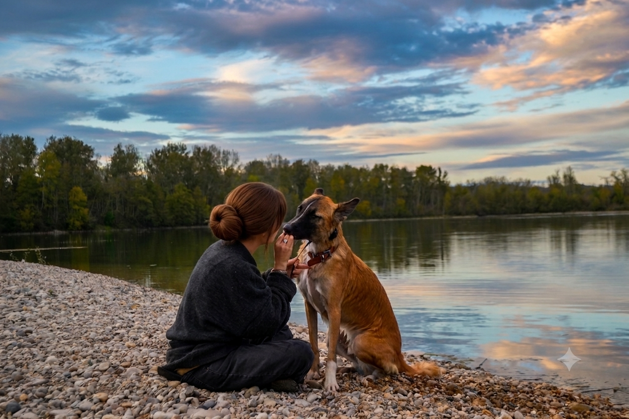 La fondatrice de La Pat Vadrouille avec son chien au bord de l’eau